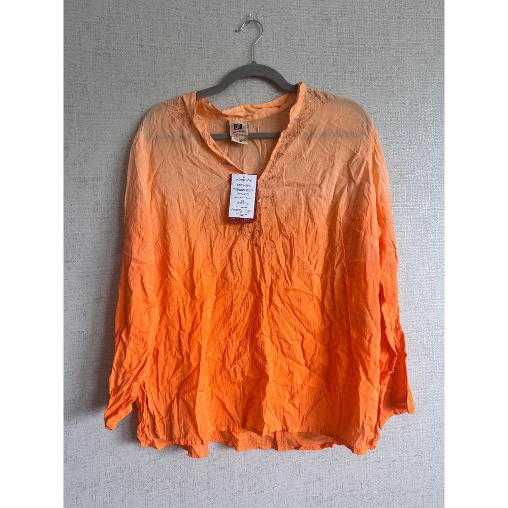 Faded Glory 16W Orange Dip Dye Crinkle Top Sequin Accent Boho Peasant Blouse